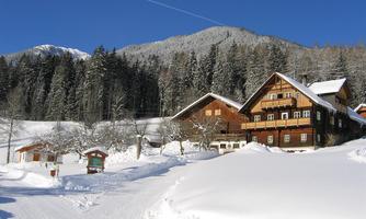 A snowy landscape with picturesque wooden houses and tall trees. The sky is clear and blue, while the mountains are visible in the background.