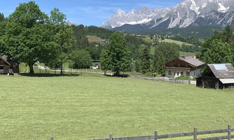 A tranquil, green valley with meadows and trees. In the background, majestic mountains and a blue sky can be seen.