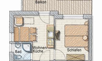 An overview of the floor plan of an apartment. The rooms include a bedroom, a living kitchen, a bathroom, and a balcony.