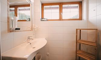 A modern bathroom with a large sink and mirror. In the background, two windows and a wooden shelf are visible.