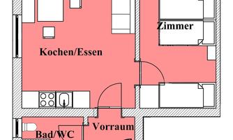 A simple floor plan sketch of an apartment. It shows various rooms such as kitchen, dining area, room, and bath/toilet.