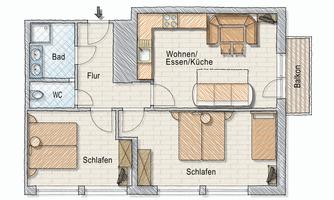 The image shows a floor plan of an apartment with two bedrooms, a bathroom, and an open living/dining area with a kitchen. A balcony is also indicated.