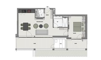 A clear floor plan sketch of an apartment with a kitchen, living room, bedroom, and bathroom. The rooms are well-arranged and easily accessible.