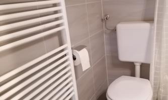 A small bathroom with a modern toilet and a towel warmer. The walls are tiled in neutral gray tones.