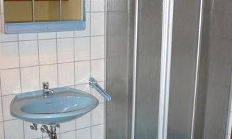 A bathroom with a shower cabin, a sink, and a mirror. The walls are tiled, and a soft carpet lies on the floor.