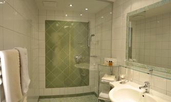 A modern bathroom with a glass shower and elegant tiles. The sanitary facilities are clean and well-lit.
