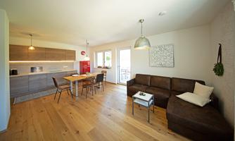 A modern apartment with an open kitchen and a cozy living area. The wooden floor and the large windows create a bright and inviting atmosphere.