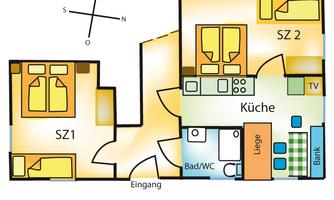 The image shows the floor plan of an apartment with two bedrooms, a kitchen, and a bathroom. The total area is 70 m².