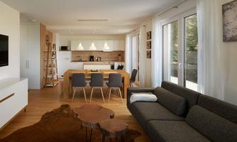 A bright, modern apartment with an open living and dining area. The space is designed in a friendly manner, with wooden details and large windows.