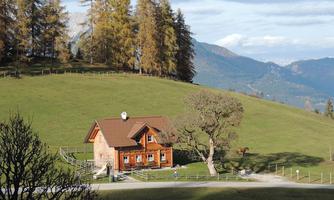 A cozy wooden house on a green meadow, surrounded by trees and mountains. The landscape is idyllic and inviting.