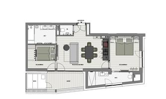 A floor plan of an apartment with multiple rooms. There is a living room, a kitchen, and two bedrooms, clearly structured and modern designed.