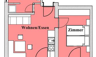 A simple apartment floor plan with a bathroom, living and dining area, as well as a bedroom. The rooms are clearly labeled and color-coded.