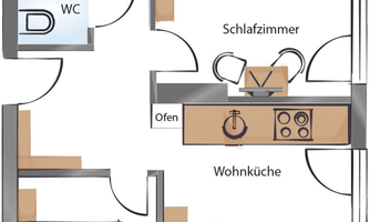 An apartment floor plan with two bedrooms, a living kitchen, and a bathroom. The rooms are clearly structured and well arranged.
