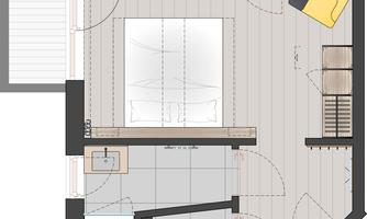 A floor plan of a room with a bed, a television, and a workspace. The bathroom is clearly separated with a shower and sink.