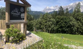 A beautiful landscape with a sign that shows "Herison." In the background, there are mountains and a green meadow.