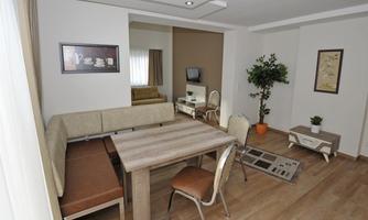 A modern living room with a dining area. There is a table, a couch, and decorative plants.