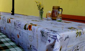 A beautiful table with a floral tablecloth is outside. On the table, there is a bouquet of flowers and glasses.