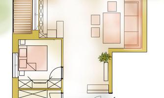 A floor plan of a modern apartment with two bedrooms, a living area, and a bathroom. Outdoor area with a terrace and adjacent plants.