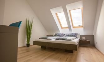 A bright bedroom with skylights and a modern bed. The floor is made of wood and a plant is in the corner.