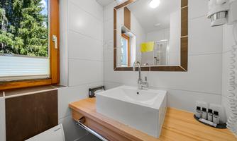 A modern bathroom with a stylish wash basin on a wooden shelf. Large windows provide plenty of daylight and a view of the greenery.