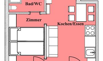 A simple apartment floor plan drawing. It shows a room with kitchen, dining area, bathroom/WC, and a bedroom.