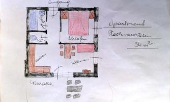 A simple floor plan of a house with various rooms such as a bedroom, living room, and terrace. The dimensions are indicated and the rooms are sketched in color.