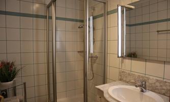 A modern bathroom with a shower cabin and a round sink. The walls are brightly tiled and there is a small plant in the room.