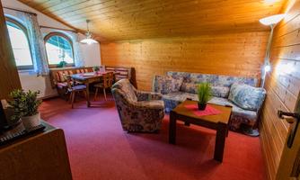A cozy living space with a wooden ceiling and carpeted floor. The furnishings include a sofa, a table, and plants for a relaxed atmosphere.