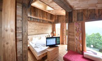 A cozy wooden room with a large window and a beautiful view. The room is modernly furnished with a bed, a television, and a seating area.