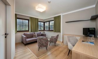 A modern living room with a cozy sofa and two chairs. Large windows let in plenty of light and offer a view of the landscape.