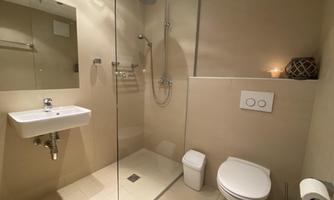 A modern bathroom with a shower cabin and a sink. The walls are in neutral colors and the lighting provides a pleasant atmosphere.