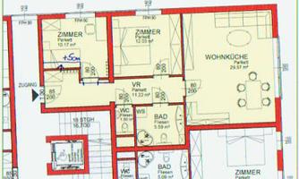 A floor plan of a living space with various rooms, including a kitchen-living room and several bedrooms. The dimensions and details are clearly marked.