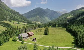 A picturesque landscape with green meadows and high mountains in the background. In the foreground, there are some buildings and trees.