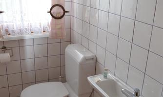 A small, bright bathroom with white tiles. There is a toilet, a small sink, and a window with curtains.