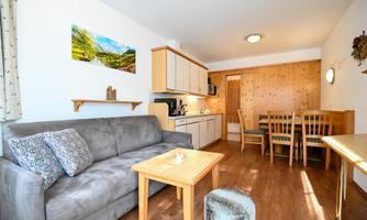 A cozy living area with a gray sofa and a wooden table. The kitchen is integrated and there is a dining area with chairs.
