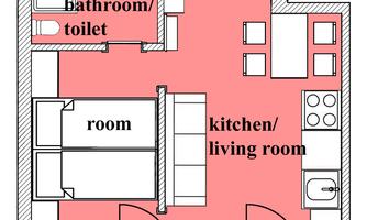 An apartment layout with a bathroom, two rooms, and an open living and kitchen area. The rooms are clearly and functionally arranged.