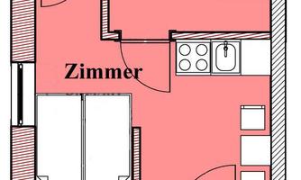 A simple apartment with one bedroom, bathroom/WC, and a small kitchen. The rooms are clearly arranged and designed functionally.
