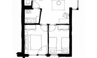 A floor plan drawing of a family suite measuring 55 m². The rooms are arranged with two bedrooms, two bathrooms, and a living area.