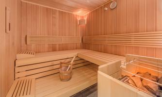 A wooden sauna with benches and a stove. In the room, there is a bucket and a ladle.