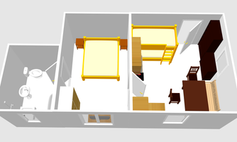 A simple floor plan representation of an apartment. It shows two bedrooms and one bathroom.