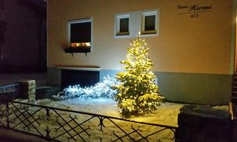 A festively lit Christmas tree stands in front of a house at night. The snowy ground reflects the light and creates a magical atmosphere.