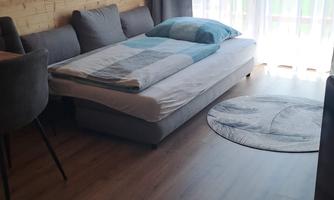 A bright room with wooden walls and a bed. There is a couch, a rug, and large windows with curtains.