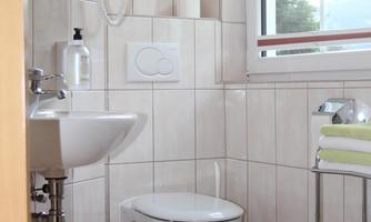 A small, bright bathroom with a sink, a toilet, and a window. The walls are tiled and there is a green seating area.