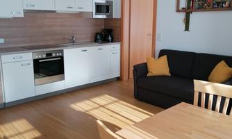 A bright, modern kitchen with a dining area and a cozy sofa. Sunlight streams through the window, creating an inviting atmosphere in the room.