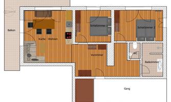 An apartment floor plan with a balcony. The rooms include a living kitchen, two bedrooms, a bathroom, and a hallway.