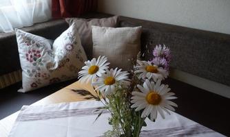 A cozy seating area with cushions and a small table. On the table, there is a bouquet of daisies and other flowers.
