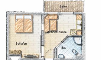 A simple apartment floor plan representation with one bedroom, a living and kitchen area, a bathroom, and a balcony. The rooms are clearly arranged and labeled.