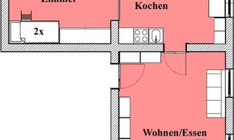 A schematic apartment with two bedrooms, a bathroom, a kitchen, and a living and dining area. The rooms are clearly outlined and highlighted in color.