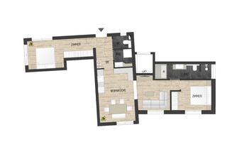 Floor plan of a modern apartment with several rooms, bathroom, and kitchen. The rooms are designed in an open layout and offer space for various usage possibilities.