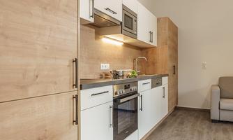 A modern kitchen with wooden cabinets and stainless steel appliances. Next to the kitchen is a cozy sofa.